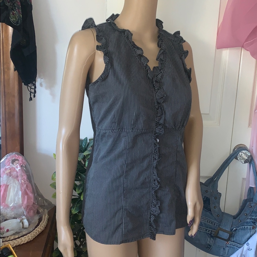 Y2K Denver Hayes grey black pinstripe sleeveless ruffle shirt top M - Picture 4 of 10